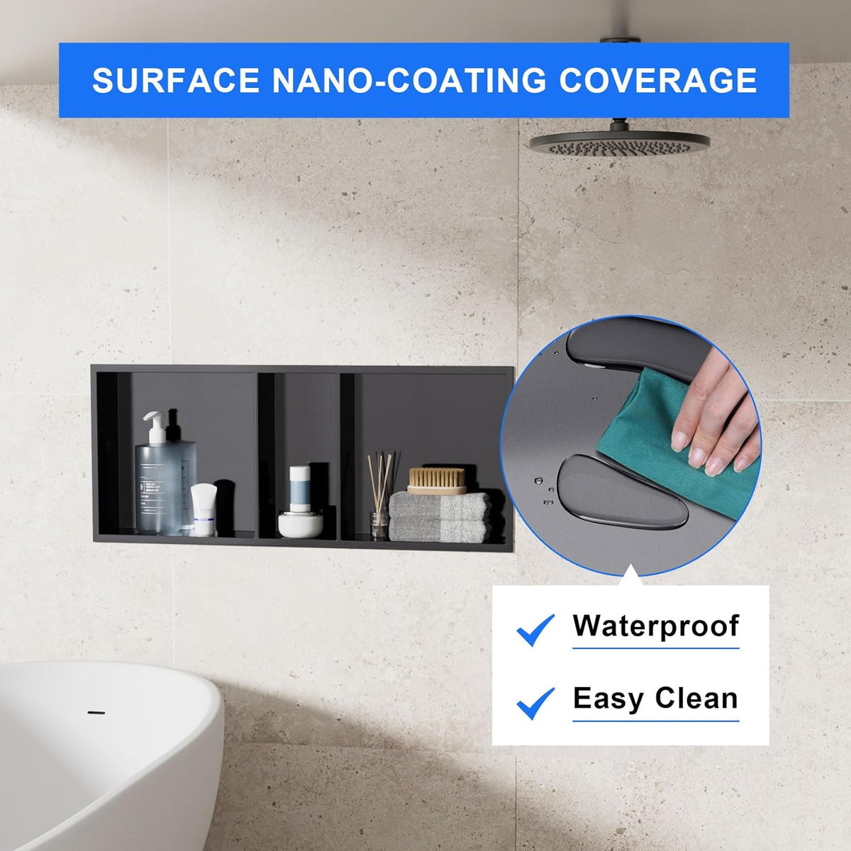 MENATT No Tile Shower Niche, Stainless Steel Wall Niche 13"X19"(Inner Size 12"X18"), Two-Tier Bathroom Shelf, NO Tile Needed Recessed Niche Shower for Bathroom Storage, Black - PuriLite