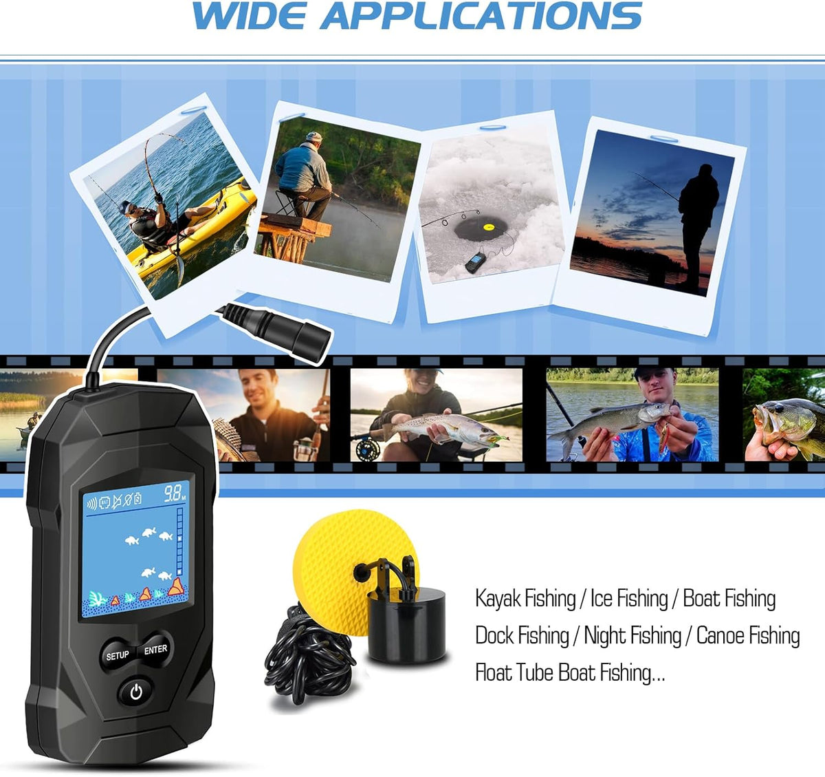 Atibin Portable Water Fish Finder Transducer Wired Handheld Depth Finder Sonar LCD Display Fish Finders Kayak FF068 - PuriLite