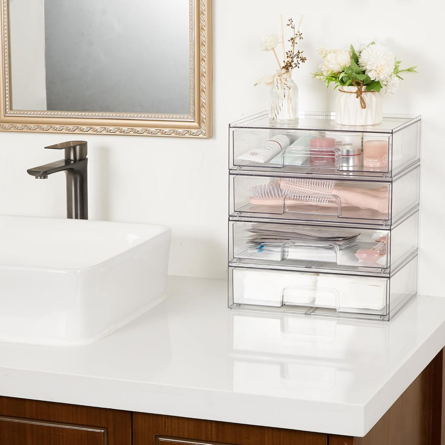 Vtopmart 3 Pack Stackable Clear Plastic Drawer Organizer, Makeup Organizers and Storage for Eyeshadow Palettes, Cosmetics, Beauty Supplies, Ideal for Vanity, Desk, Office, Bathroom Organization - PuriLite