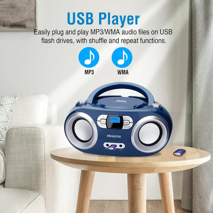MEGATEK Portable CD Player Boombox with FM Radio, Bluetooth, USB Port, AUX Input, and Headphone Jack – CD-R/CD-RW/MP3-CD Compatible, Clear Stereo Sound, Backlit LCD Display – Black - PuriLite