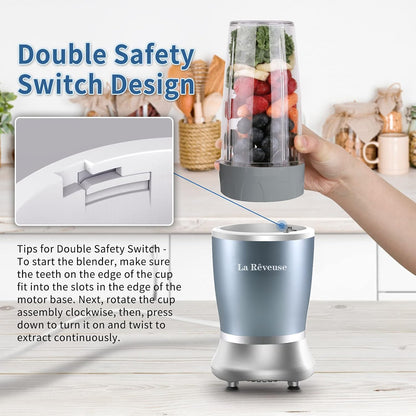 La Reveuse Personal Size Blender 250 Watts Power for Shakes Smoothies Seasonings Sauces with 1 Piece 15 oz Cup,1 Piece 10 oz Mug,BPA Free (Black) - PuriLite