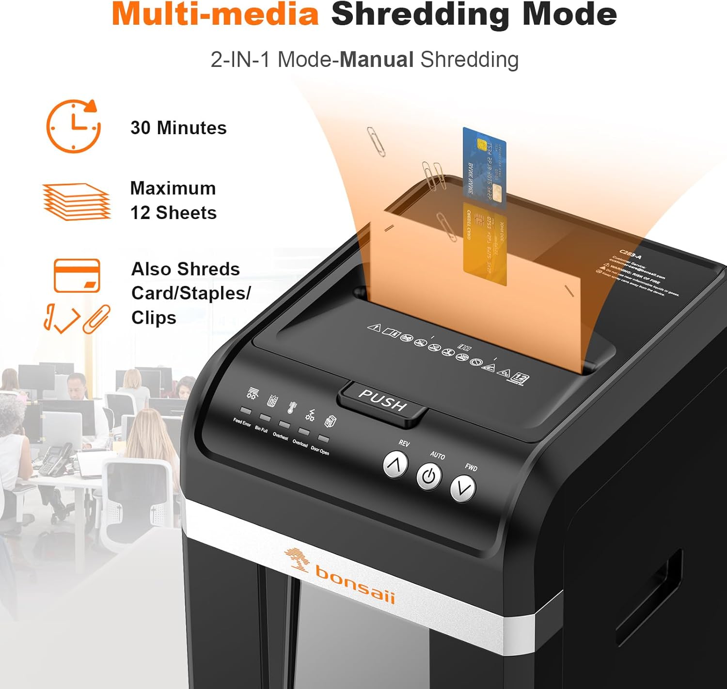 Bonsaii 200-Sheet Auto Feed Paper Shredder, 60 Minutes Nonstop Heavy Duty Shredders, 8.1 Gallon Large Bin Office Document Shredder, Micro-Cut/High Security P-4 Commercial Grade Shredder (C283-A) - PuriLite