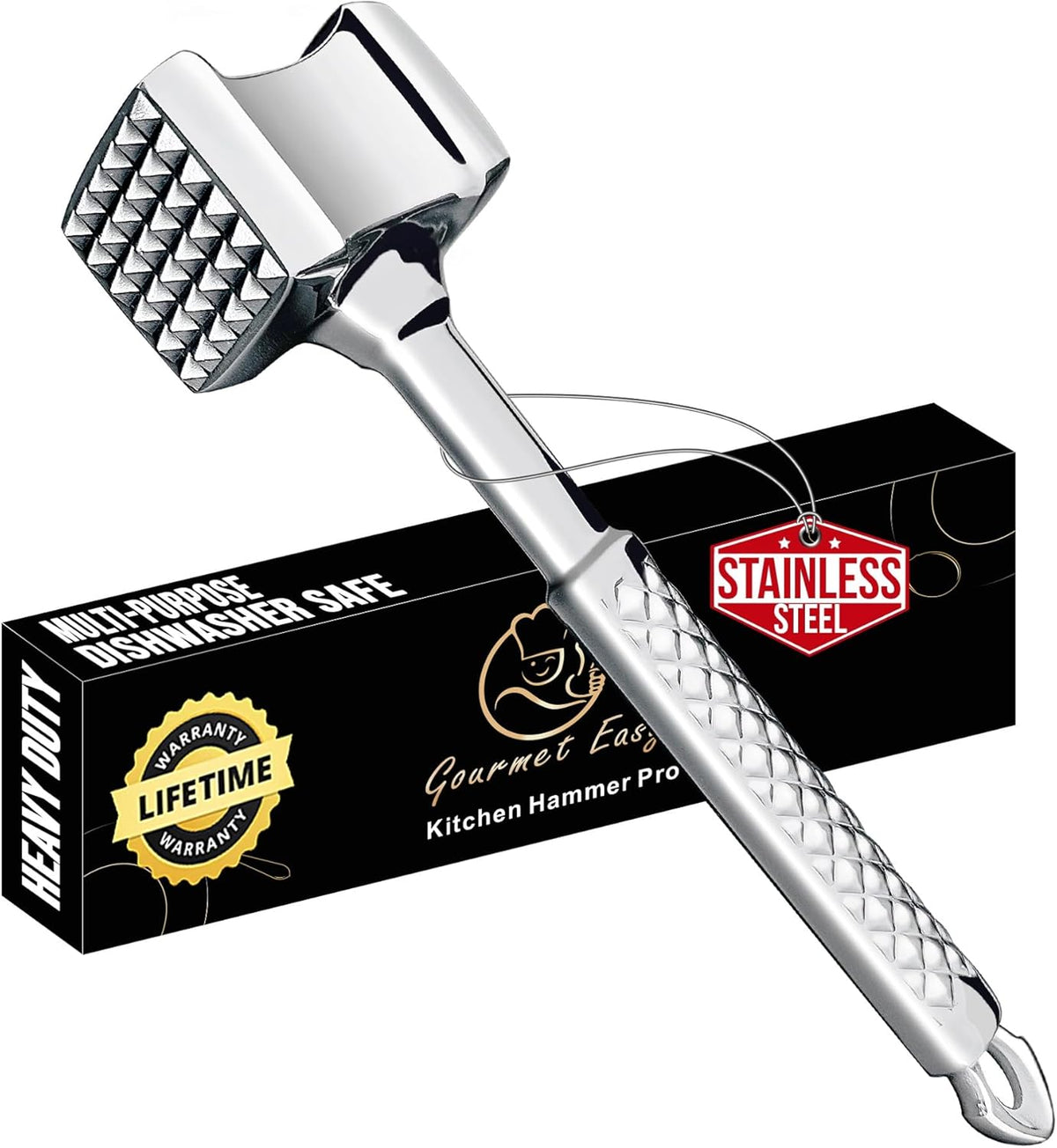 Stainless Steel Meat Tenderizer Tool, Premium Meat Mallet with Non-Slip Grip, Dual-Sided with Heart Shape Design for Tenderizing Steak, Poultry & Chicken Cutlet, Dishwasher Safe, Lifetime Replacement - PuriLite