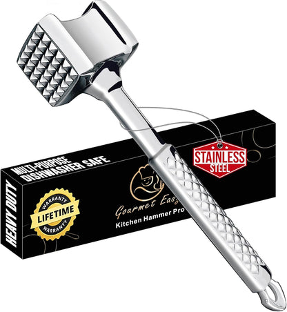 Stainless Steel Meat Tenderizer Tool, Premium Meat Mallet with Non-Slip Grip, Dual-Sided with Heart Shape Design for Tenderizing Steak, Poultry & Chicken Cutlet, Dishwasher Safe, Lifetime Replacement - PuriLite