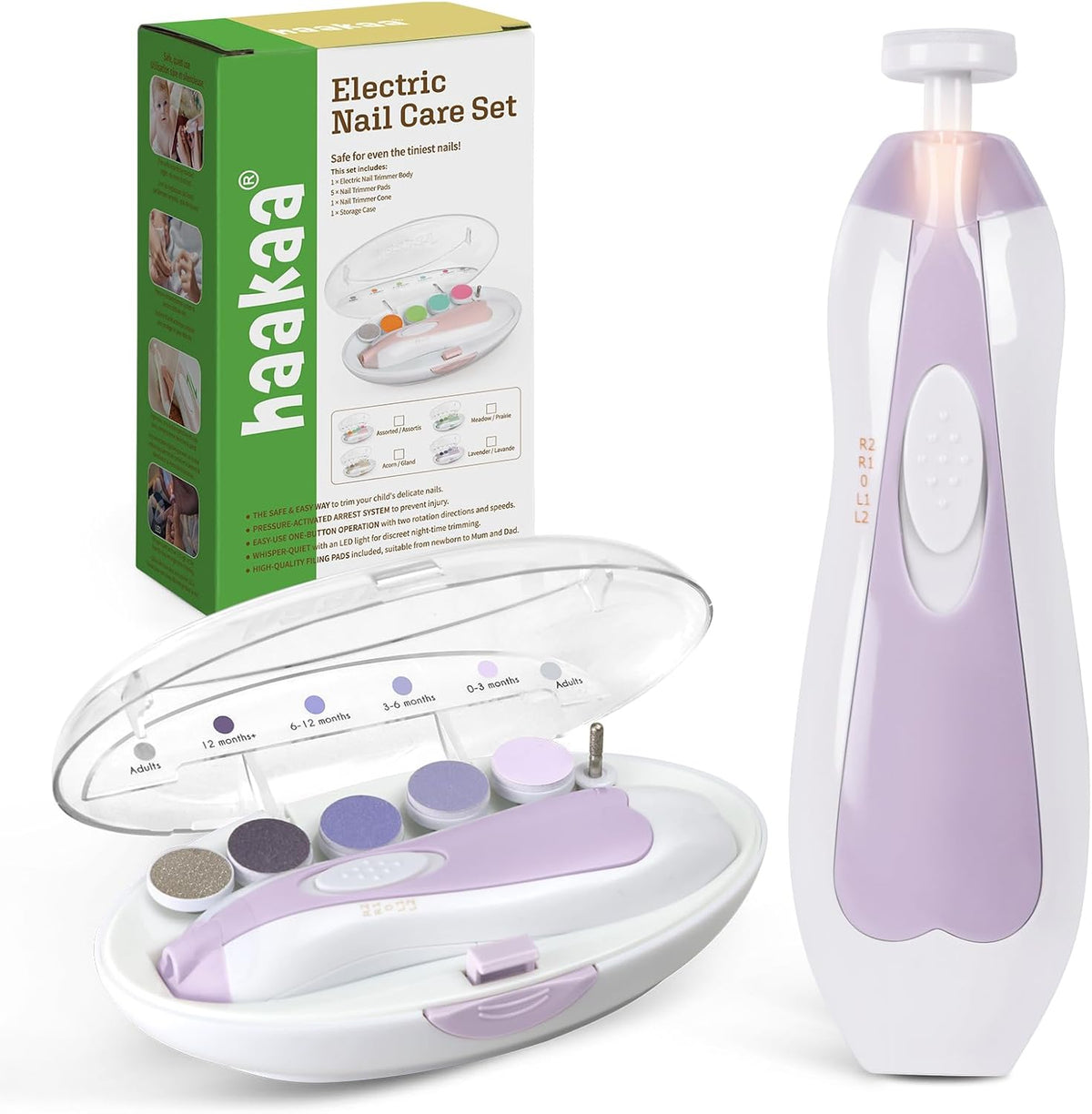 haakaa Baby Nail Trimmer Electric Safe Baby Nail Clippers Baby Nail File Kit Manicure Set, Trim Polish Grooming kit for Newborn Toddler or Adults Toes Fingernails, 6 Grinding Heads and LED Light - PuriLite