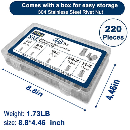 Vifmy Metric & SAE Rivet Nut Assortment Kit(420 Pcs),m3 m4 m5 m6 m8 m10 m12#6-32#8-32#10-24 1/4"-20 5/16"-18 3/8"-16 UNC Flat Head Rivnut Set,Zinc Plated Finish Carbon Steel Nutsert - PuriLite