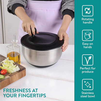 Navaris Salad Spinner with Lid - Salad Spinner Stainless Steel - Salad Dryer - Easy Washing, Drying and Spinning - Includes Grating and Slicing Discs - PuriLite