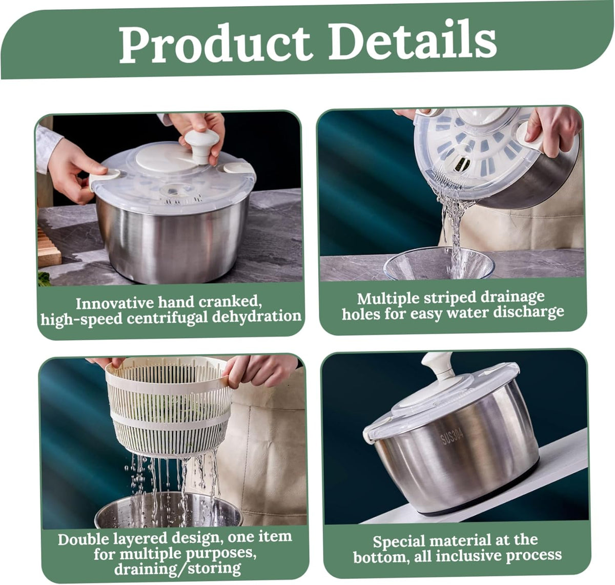 Salad Spinner 5L Dual Layer Stainless Steel & PP Lettuce Spinner with Lid & Rotating Handle Multi-Purpose Quick Dry Fruit and Vegetable Wash for Kitchen - PuriLite
