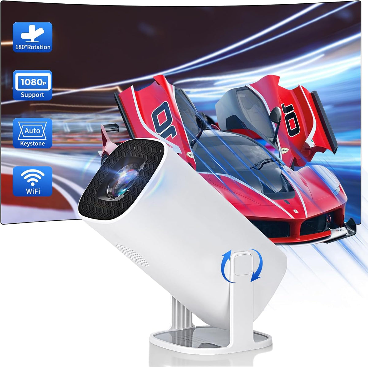 ONATISMAGIN Mini Projector - [180°Rotatable Stand], Portable Projector with Auto Keystone & Zoom, 1080P Support Projector, Outdoor Movie Projector for Phone/TV Stick/HDMI/PS5 - PuriLite