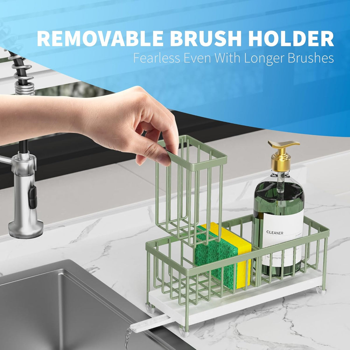 Cisily Sponge Holder for Kitchen Sink, Sink Caddy with High Brush Holder, Organzier Rustproof 304 Stainless Steel Dish Organizer Divider, Soap Dispenser Storage (Black) - PuriLite