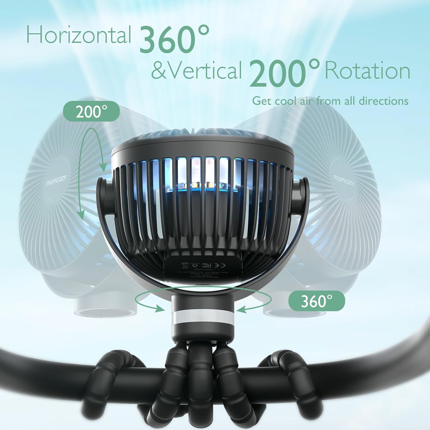 Momcozy Portable Stroller Fan, 27H Ultra-long Battery Life, Detachable 4 Speed 360°Rotate, LED Night Light with 2 Modes, USB Rechargeable and Handheld Cooling Fan for Travel, Car Seat - PuriLite