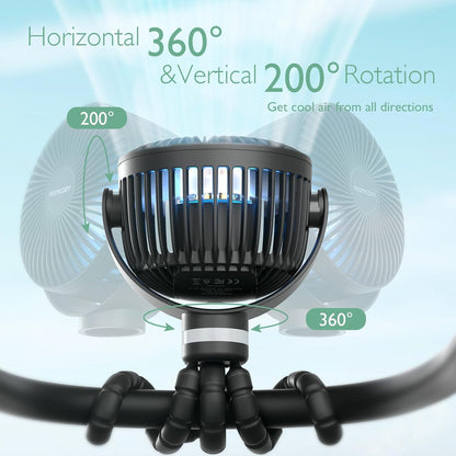 Momcozy Portable Stroller Fan, 27H Ultra-long Battery Life, Detachable 4 Speed 360°Rotate, LED Night Light with 2 Modes, USB Rechargeable and Handheld Cooling Fan for Travel, Car Seat - PuriLite