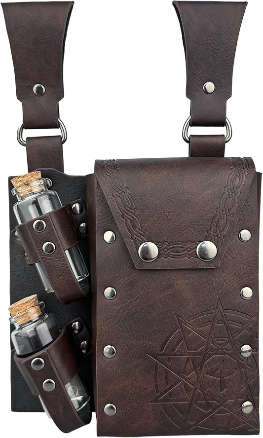 HiiFeuer Medieval Alchemy Faux Leather Belt Bag with 4 Cork Potion Vials,Fantasy Wizard Waist Pouch Side Pack for Halloween - PuriLite
