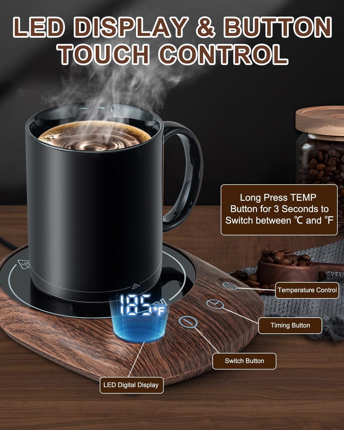 MYMULIKE Mug Warmer, Coffee Mug Warmer for Desk with 4 Temperature Settings (55℃/65℃/75℃/85℃), Coffee Warmer with Auto Shut Off, 1-12 Hour Timer, Desk Accessories for Office/Home - PuriLite