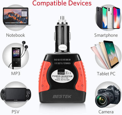 BESTEK 150W Power Inverter 12V to 110V Voltage Converter Car Charger Power Adapter with 3.1A Dual USB Charging Ports - PuriLite