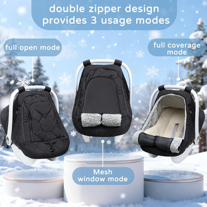 Winter Car Seat Cover for Baby Girl & Boy – Waterproof Infant Car Seat Canopy with Breathable Mesh, Thick Warm Fleece, Weather-Resistant Baby Winter Essential for Stroller & Carrier, Universal Fit, Black - PuriLite