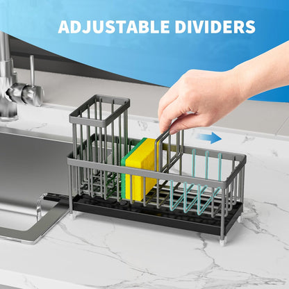 Cisily Sponge Holder for Kitchen Sink, Sink Caddy with High Brush Holder, Organzier Rustproof 304 Stainless Steel Dish Organizer Divider, Soap Dispenser Storage (Black) - PuriLite