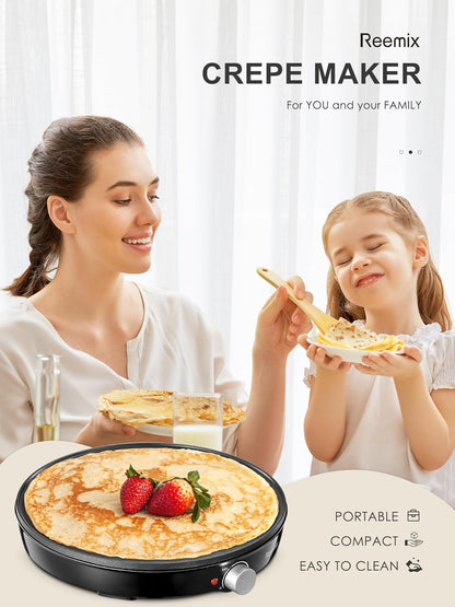 Crepe Maker Machine, Reemix Compact Pancake Griddle Precise Temperature Control, Nonstick 12” Electric Griddle, Batter Spreader for Eggs, Pancakes, Omelets and Quesadillas, Includes Spatula, Spreader - PuriLite