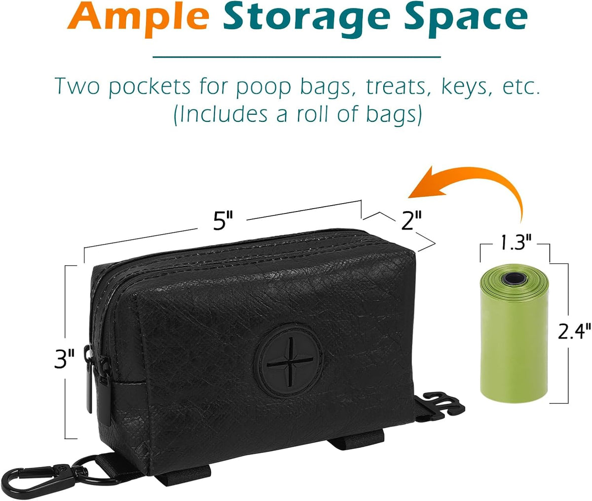 PetBonus Waterproof Dog Poop Bag Holder for leashes, Portable Pet Waste Bag Dispenser, 2 Pouches for Treat Holder and Walking Accessories, Fit All Leashes, Includes 1 Roll of Dog Poop Bags (Green) - PuriLite