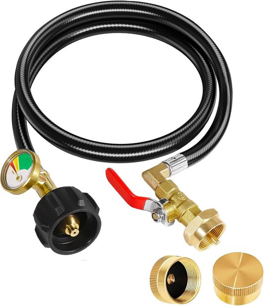 Propane Refill Adapter 20lb to 1lb Camping, Upgrade 3FT/36inch Propane Tank Refill Adapter Hose with Guage and ON-Off Control Valve, 2 Bottle Caps Included (PVC) - PuriLite