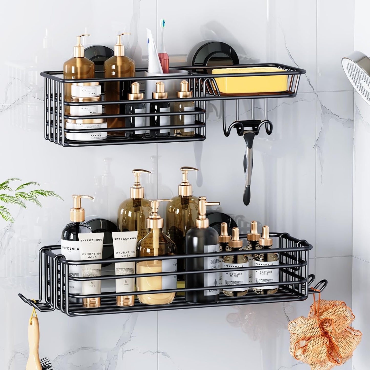 LEVERLOC Shower Caddy Suction Cup, 2 Pack Black Shower Shelf with Hooks and Soap Holder, NO-Drilling Bathroom Organizer, Rustproof Metal Bathroom Storage and Organization - PuriLite