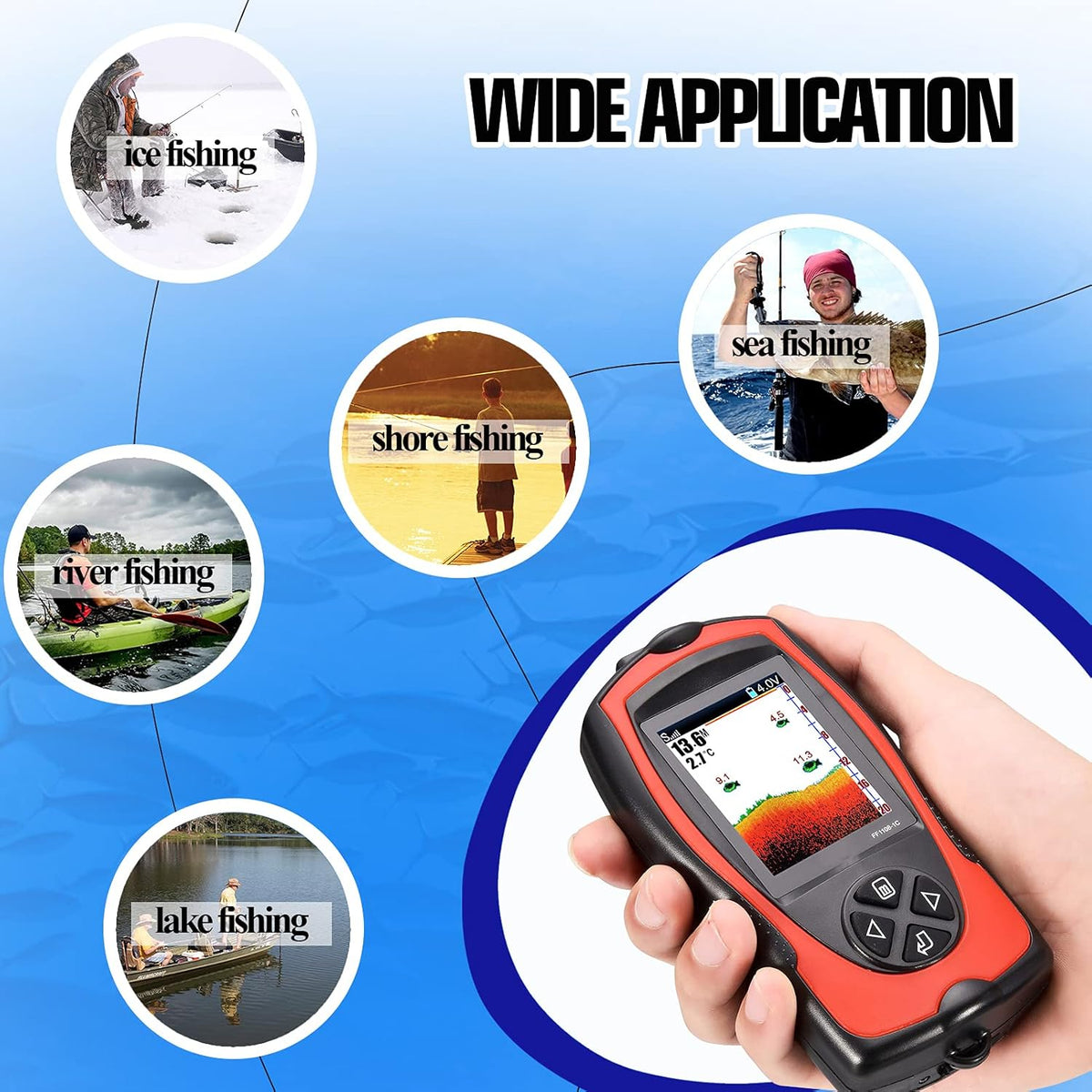 Atibin Handheld Wired Fish Finder Kayak Portable Display Depth Finder Boat Sonar Fish Finders Transducer Sensor LCD Screen - PuriLite