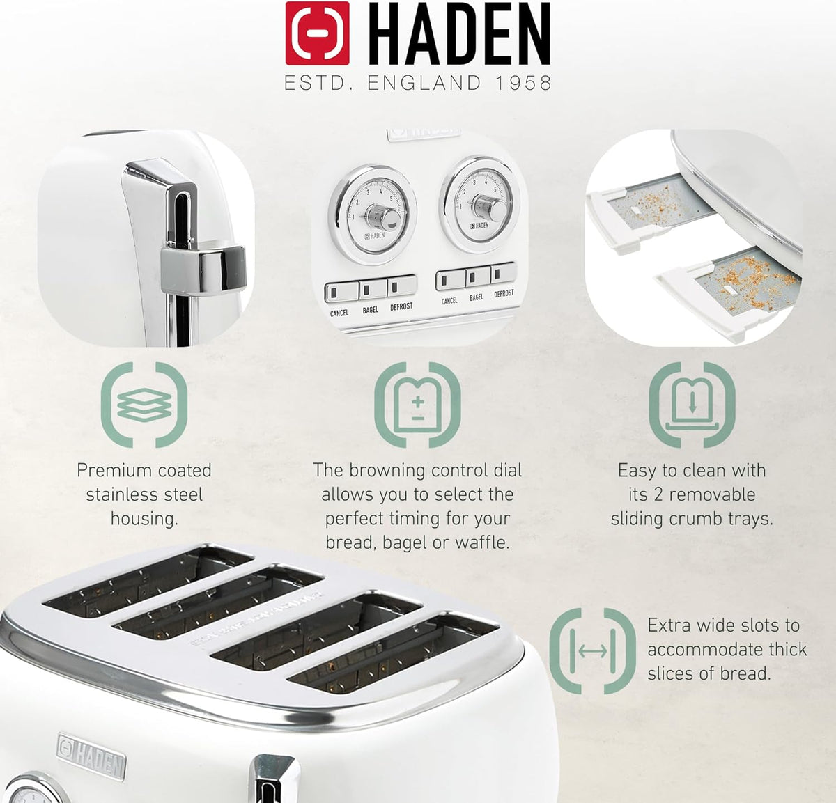 Haden Dorset 75083 Stainless Steel 1500W Retro Toaster 4 Slice Wide Slot w/Removable Crumb Tray and Settings, Black/Copper Toasters w/Adjustable Browning Control, Smart Toaster - PuriLite