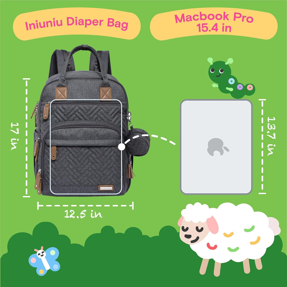 Diaper Bag Backpack, iniuniu Large Baby Bags with Diaper Pouch, Washable Changing Pad, Pacifier Case and Stroller Straps - PuriLite