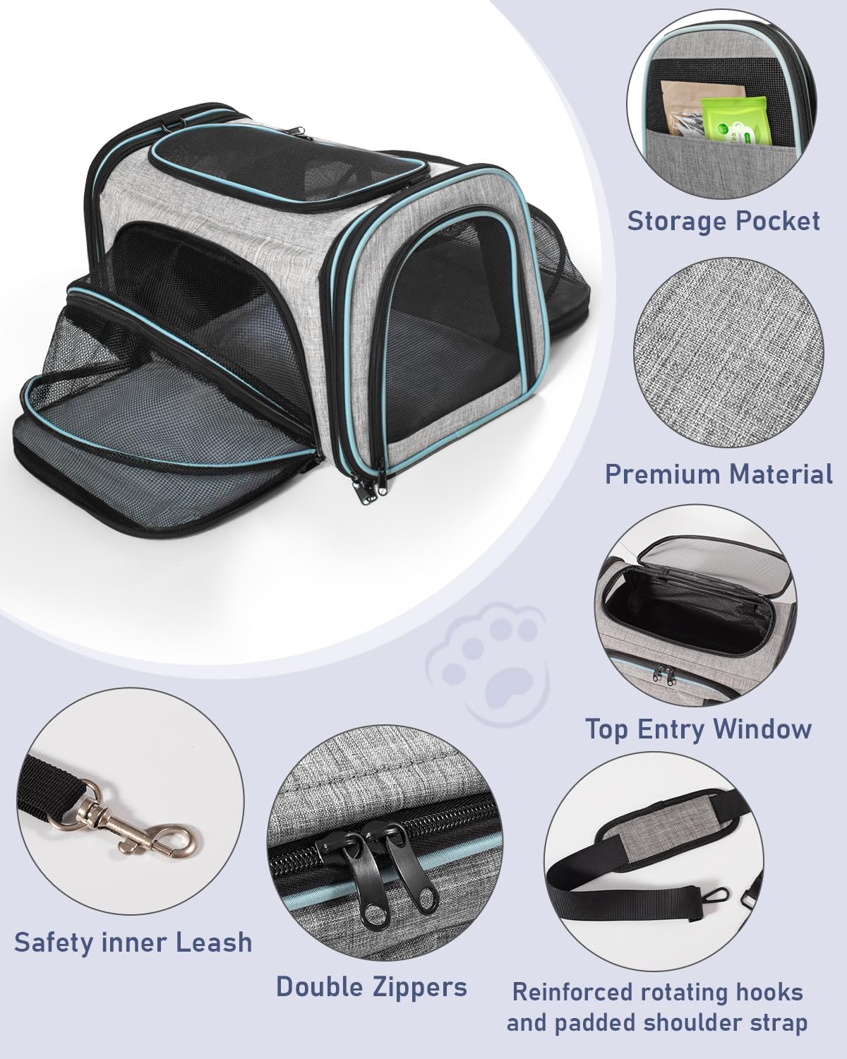 Siivton Cat Carrier,4 Sided Expandable Pet Carrier for Travel,Collapsible Soft-Sided Carriers with Removable Fleece Pad and Shoulder Straps,Airline Approved(17.5"x 11"x 11") - PuriLite