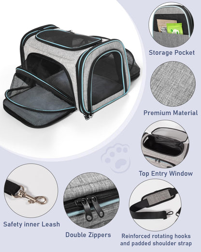 Siivton Cat Carrier,4 Sided Expandable Pet Carrier for Travel,Collapsible Soft-Sided Carriers with Removable Fleece Pad and Shoulder Straps,Airline Approved(17.5"x 11"x 11") - PuriLite