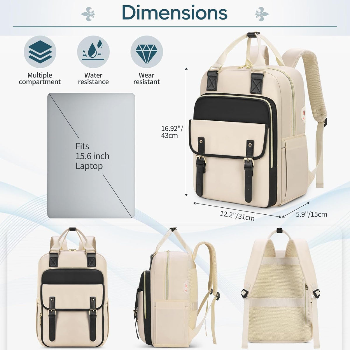 RAINSMORE Laptop Backpack 15.6 Inch for Women Large Travel Backpack with USB Charging Port Water Resistant - PuriLite