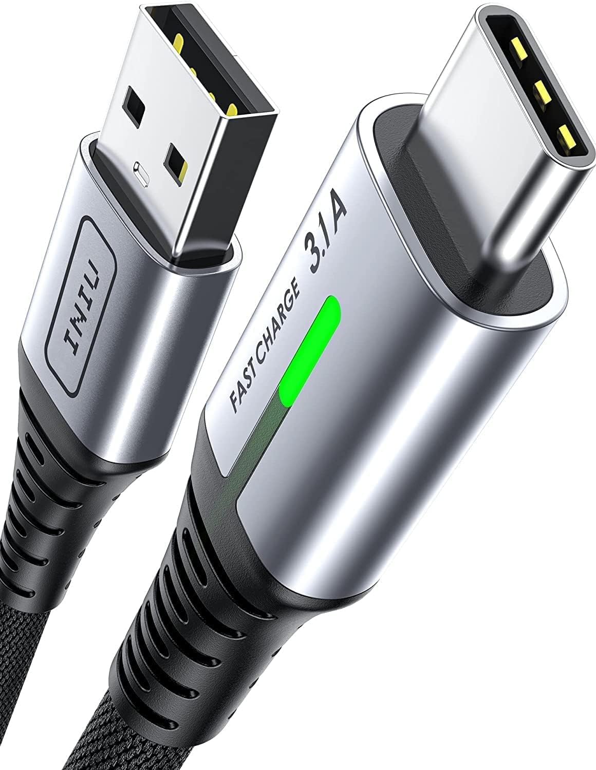 USB C Cable, INIU 3.1A Type C Cable Fast Charging (6.6ft), Zinc Alloy Braided Data USB-C Cable, USB A to USB C Charger Cable for iPhone 16 15 14 Pro Max iPad Samsung S22 S21 Huawei Xiaomi OnePlus - PuriLite