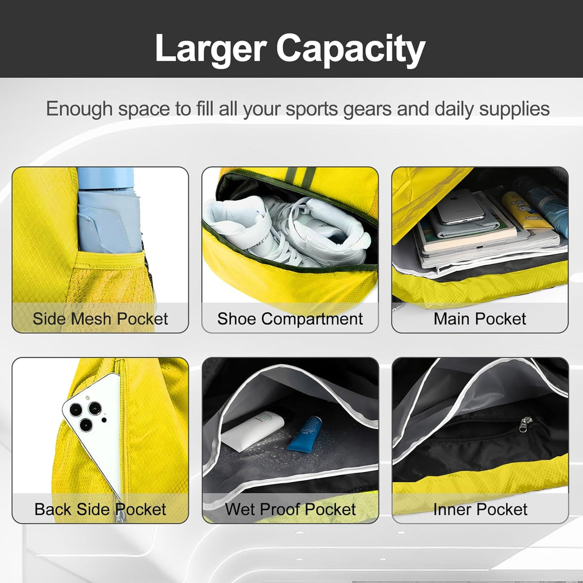 Hoedia Sports Drawstring Backpack - String Swim Gym Bag with Shoes Compartment and Wet Proof Pocket for Women/Men - PuriLite