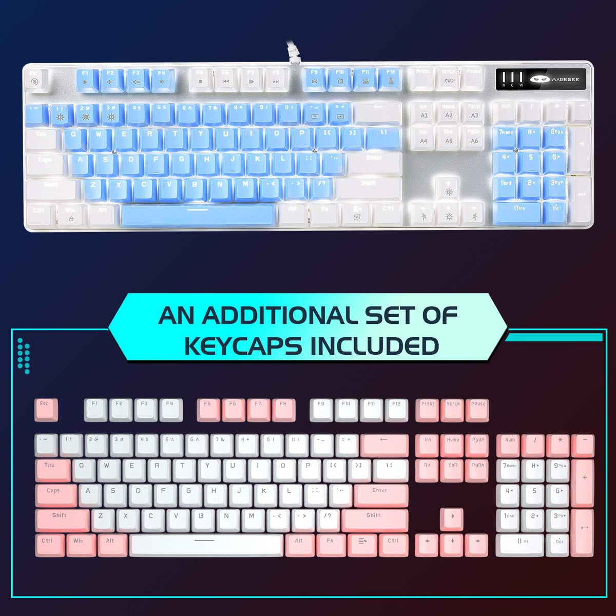 Mechanical Gaming Keyboard, 104 Keys White Backlit Mechanical Keyboards with Red Switches & Double-Shot Keycaps, MageGee Wired Ergonomic Computer Keyboard for Desktop, PC Gamers (White & Blue) - PuriLite