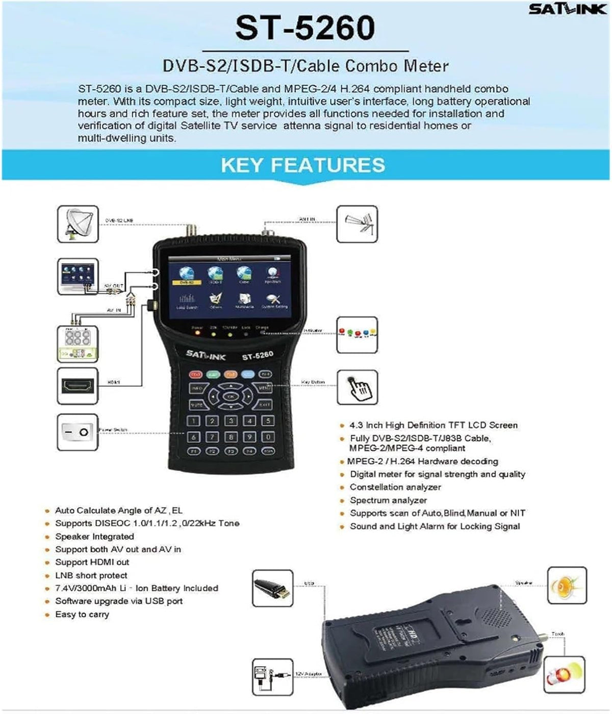 ST5260 Satellite Finder DVB-S2/ISDB-T/Cable Combo Signal Meter H.265 1080p 4.3inch St-5260 - PuriLite