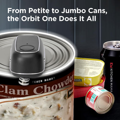 Kitchen Mama Orbit One Stainless Steel Rechargeable Electric Can Opener: Hands-Free, USB-C Charging, Automatic Stop, Smooth Edge, Safety, Blade for Large Cans, Heavy Duty, Soda Can and Pop Can - PuriLite