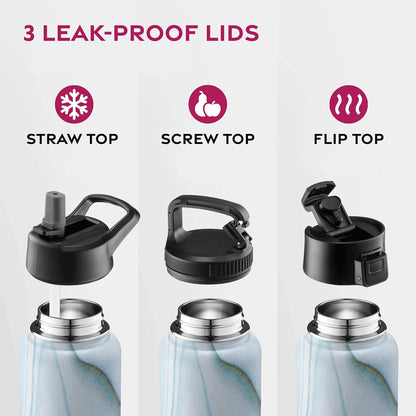 FineDine Water Bottle - Stainless Steel Insulated Water Bottle with Straw Lid, Flip Lid & Wide-Mouth Cap - Keeps Hot and Cold - 25 Oz / 739ml - Pure Pearly White - PuriLite