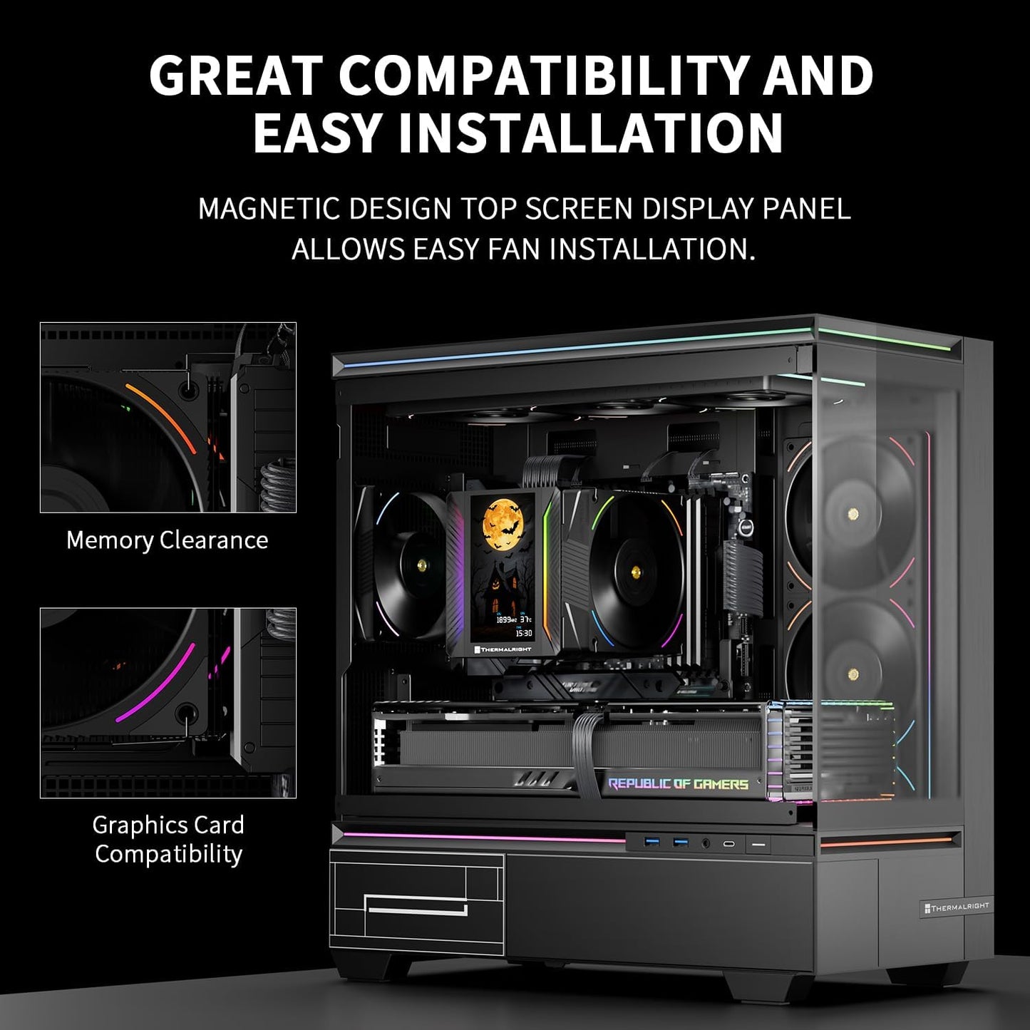 Thermalright Peerless Assassin 120 Vision MAX ARGB Black CPU Air Cooler,PC Heatsink Cooler with Dual PWM Fans,PC Display Screen Cooler of 5’’-Magnetic,480x854 Resolving,for LGA1851/1700,AM5