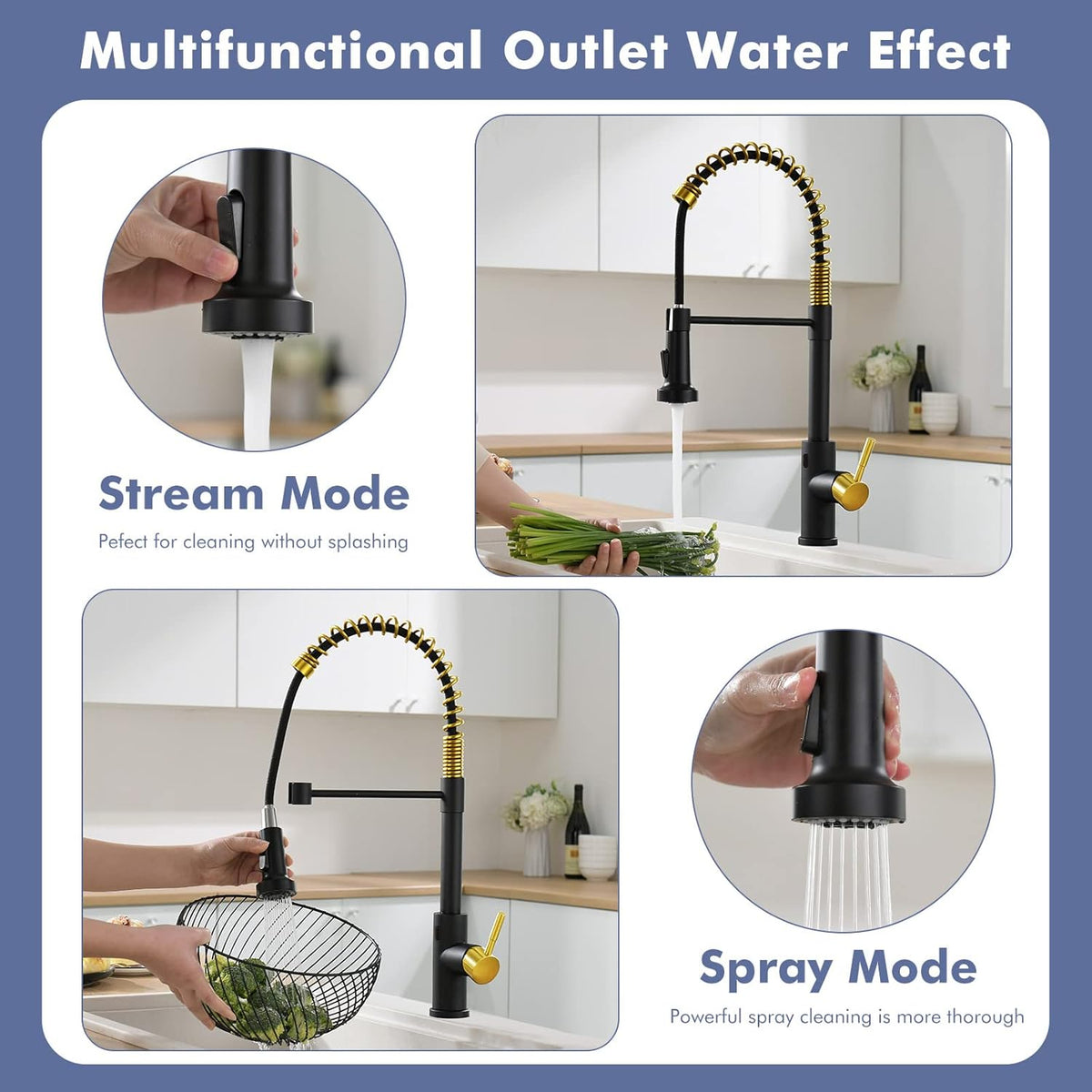 GIMILI Matte Black Kitchen Faucet with LED Light,Single Hole Spring Kitchen Sink Faucet with Pull Down Sprayer - PuriLite