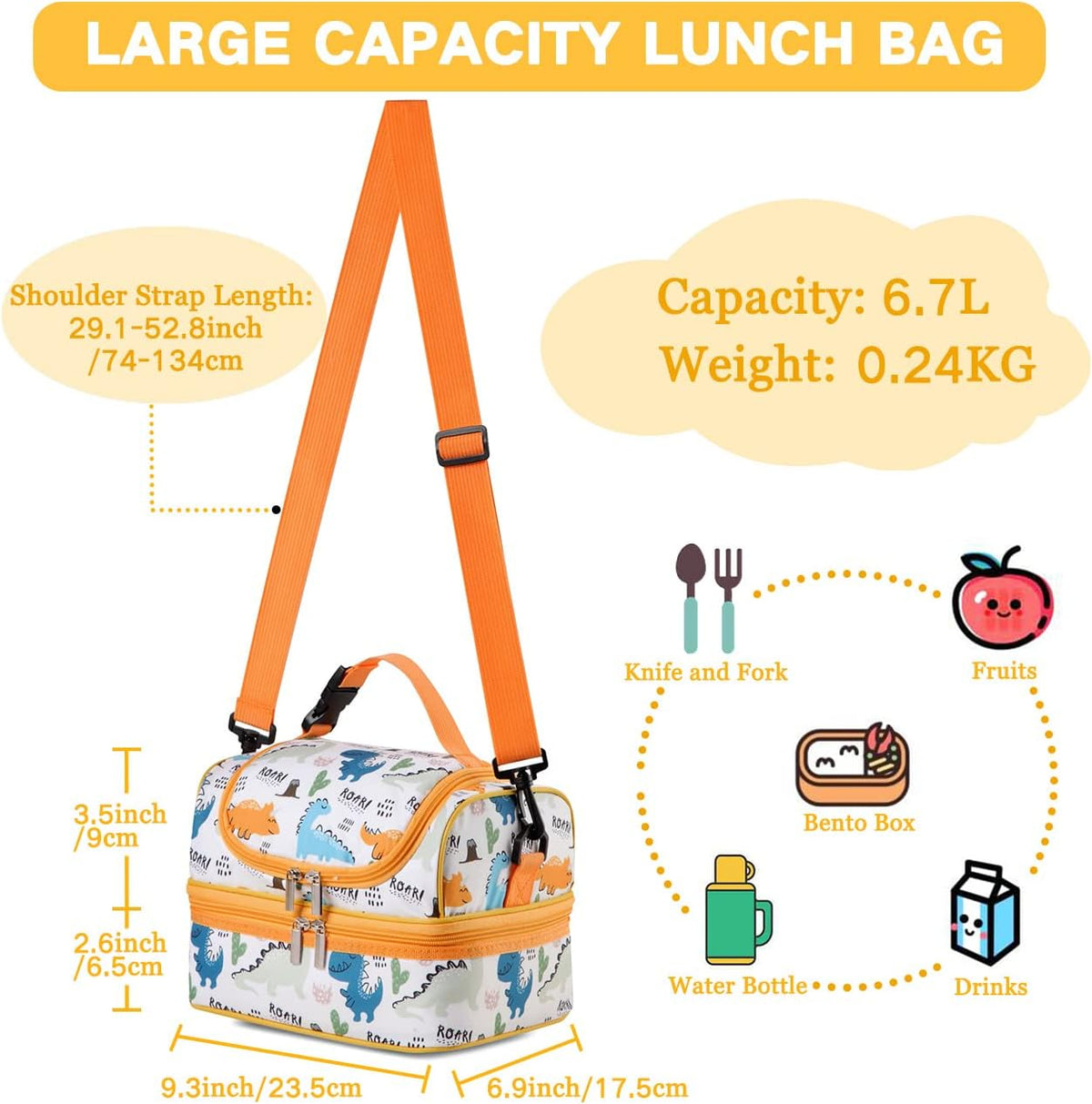 VASCHY Lunch Box Bag Men, Insulated Two Compartments Bento Cooler Bags for Adults/Women/Kids for School,Daycare,Kindergarten,Picnic Black - PuriLite