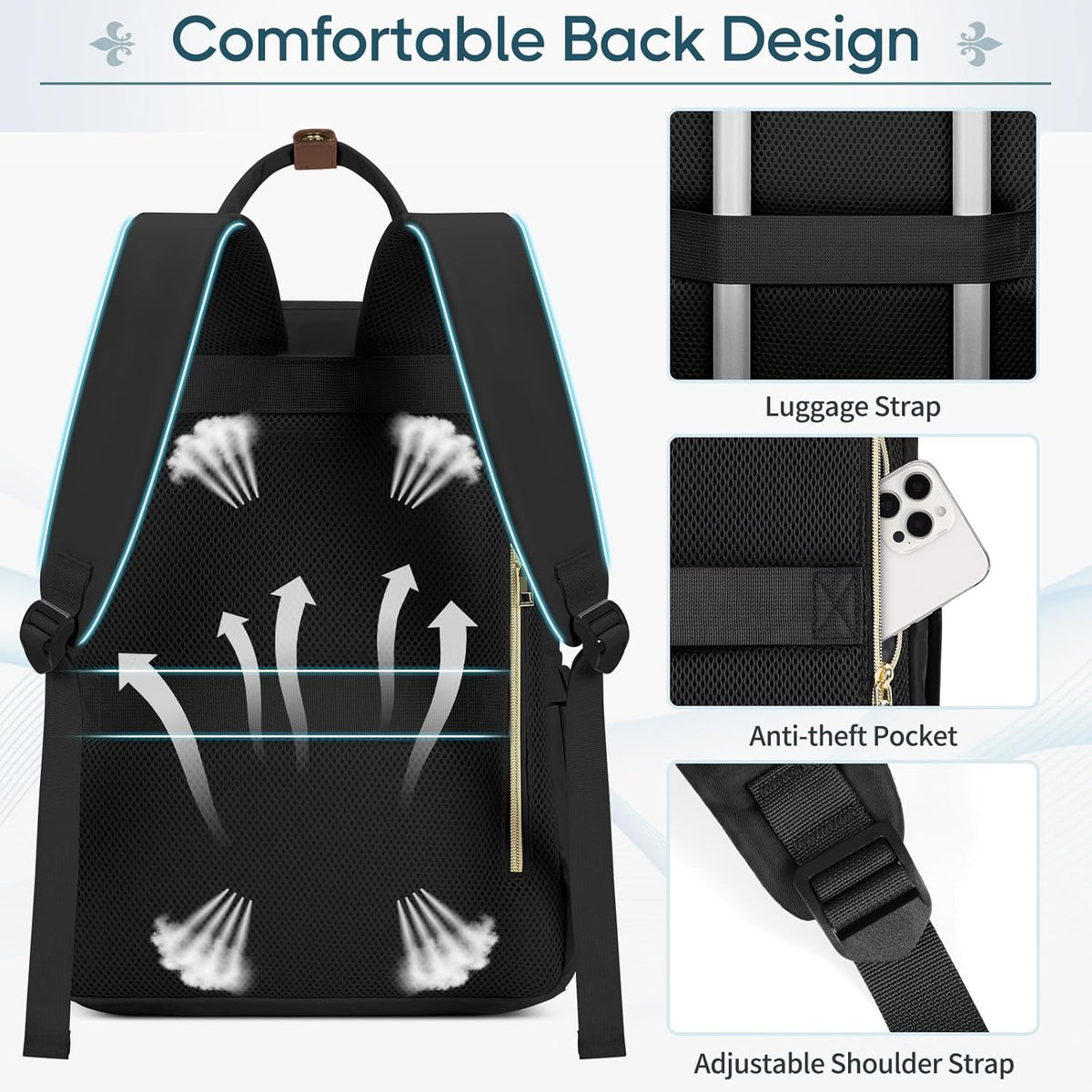 RAINSMORE Laptop Backpack 15.6 Inch for Women Large Travel Backpack with USB Charging Port Water Resistant - PuriLite