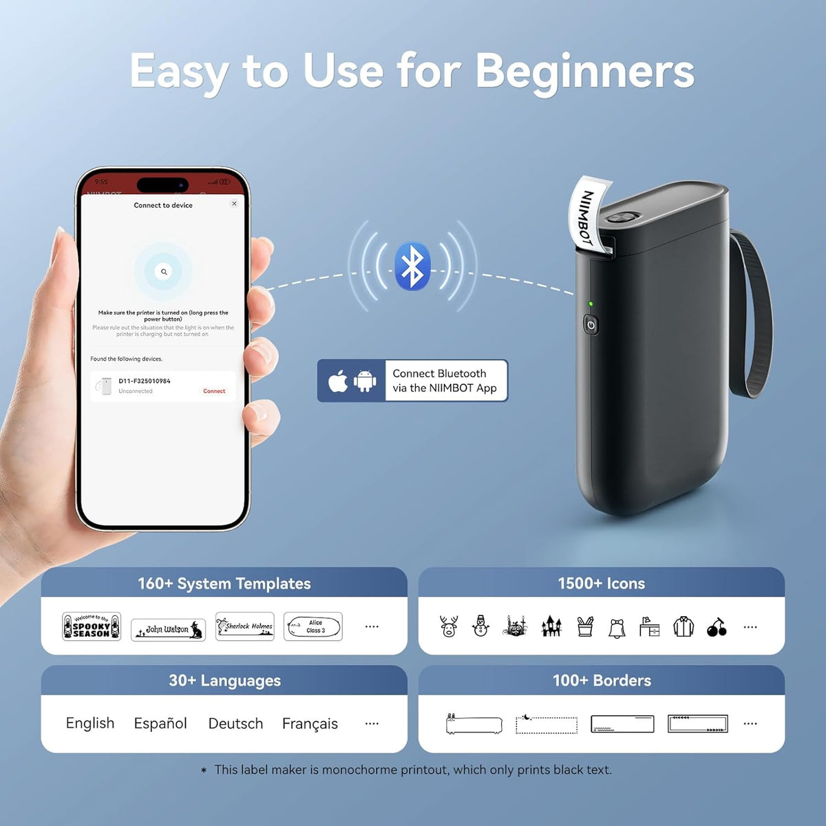 NIIMBOT D110 Mini Label Maker Machine with Tape(Pre-Cut Size 12x40mm), Portable Bluetooth Sticker Printer, Inkless Automatic Feeding One-Touch Custom Printing, Compatible with Phone Only - PuriLite