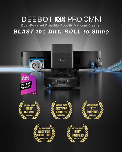 ECOVACS DEEBOT X9 PRO OMNI Robot Vacuum and Mop, BLAST™ 16,600Pa Suction, OZMO ROLLER Instant Self-Washing Mopping, ZeroTangle™ 3.0, Triple Lift System, AI Smart Navigation, Hands-Free OMNI Station - PuriLite