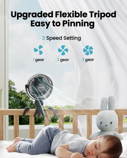 Gaiatop Mini Portable Pram Fan, Rechargeable Small Clip on Fan for Stroller, Detachable 3 Speed 360 Degree Rotate Flexible Tripod Handheld Desk Cooling Car Seat Crib Treadmill Travel Black - PuriLite