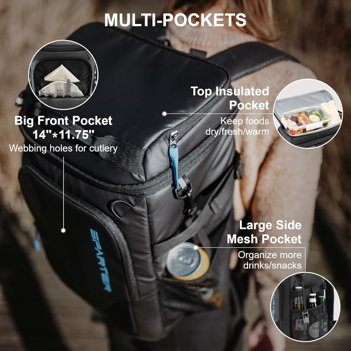 SPARTER Backpack Cooler Insulated Leak Proof 33/49 Cans, 2 Insulated Compartments Thermal Bag, Portable Lightweight Beach Travel Camping Lunch Backpack for Men and Women - PuriLite