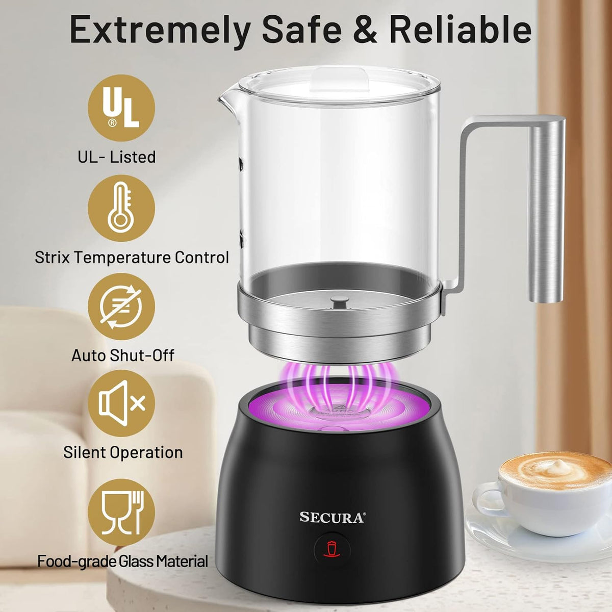 Secura Detachable Milk Frother and Steamer, 17oz Electric Milk Warmer 4-in-1 Hot/Cold Foam Maker for Latte, Cappuccinos, Macchiato, Hot Chocolate - PuriLite