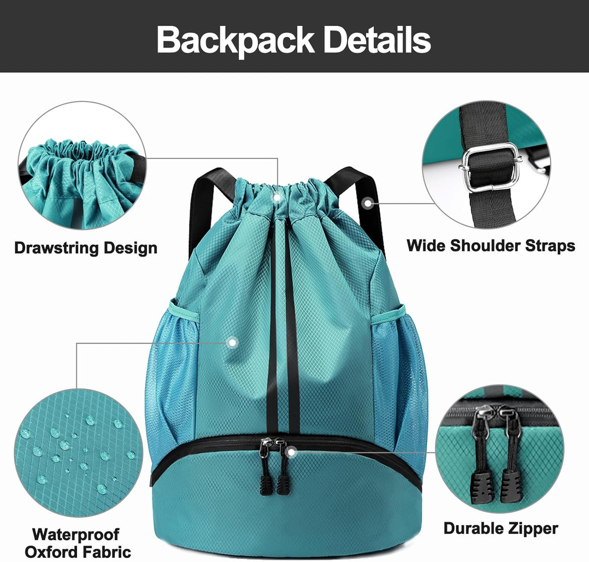 Hoedia Sports Drawstring Backpack - String Swim Gym Bag with Shoes Compartment and Wet Proof Pocket for Women/Men - PuriLite