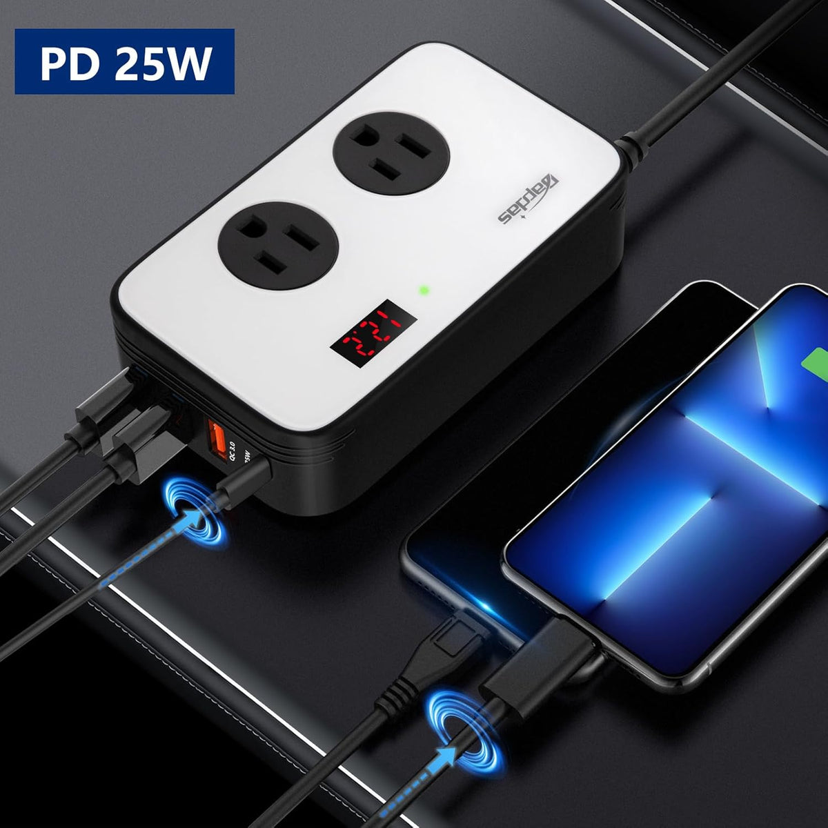 Bapdas 200W Power Inverter DC 12V to AC 110V Car Adapter Plug Outlet with PD 25W USB-C, QC3.0 and Dual USB Ports Loptop Car Charger - PuriLite