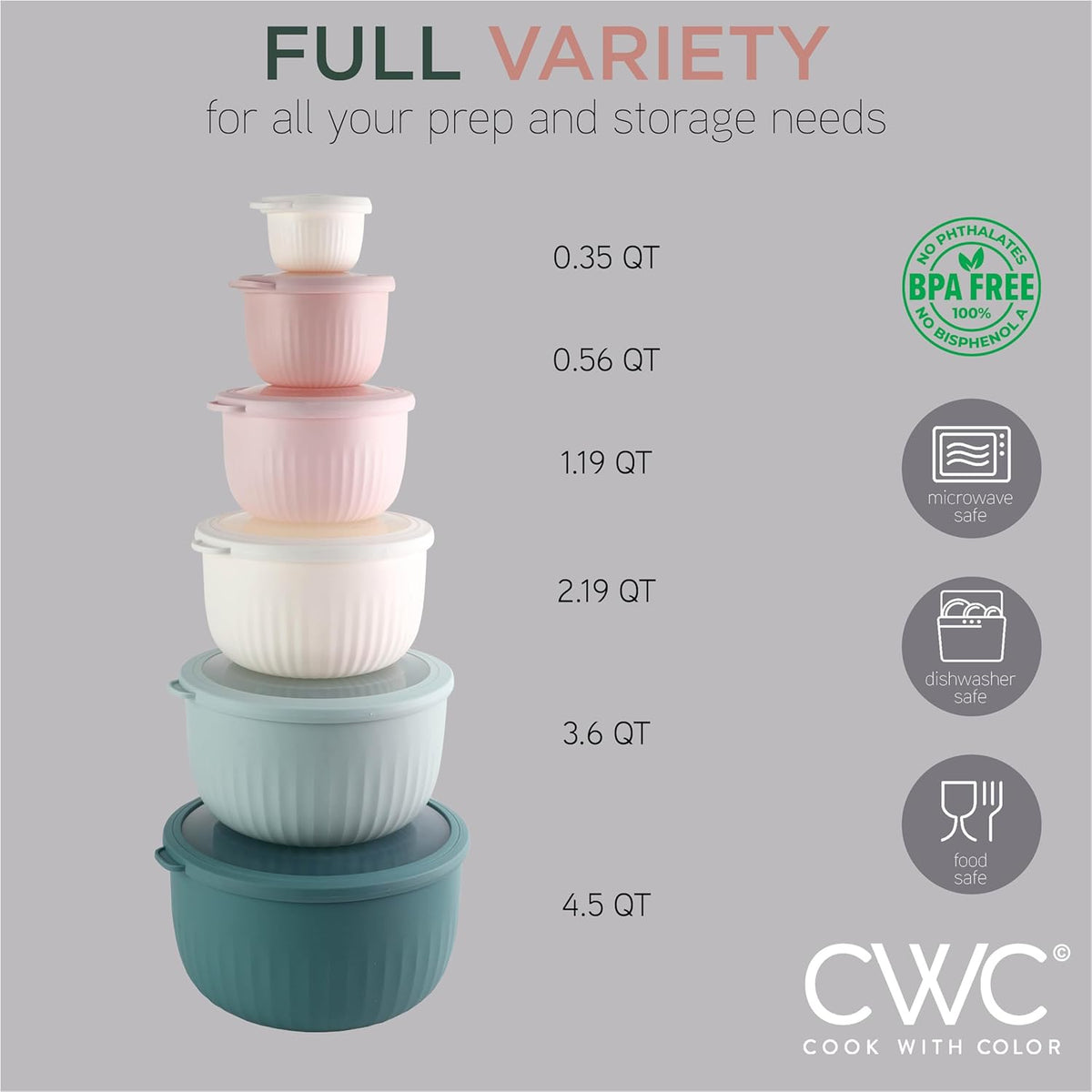 COOK WITH COLOR Prep Bowls with Lids- 8 Piece Nesting Plastic Small Mixing Bowl Set with Lids (Teal Ombre) - PuriLite