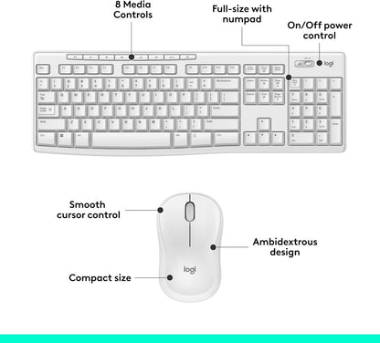 Logitech MK295 Wireless Mouse & Keyboard Combo with SilentTouch Technology, Full Numpad, Advanced Optical Tracking, Lag-Free Wireless, 90% Less Noise - Off - White - PuriLite